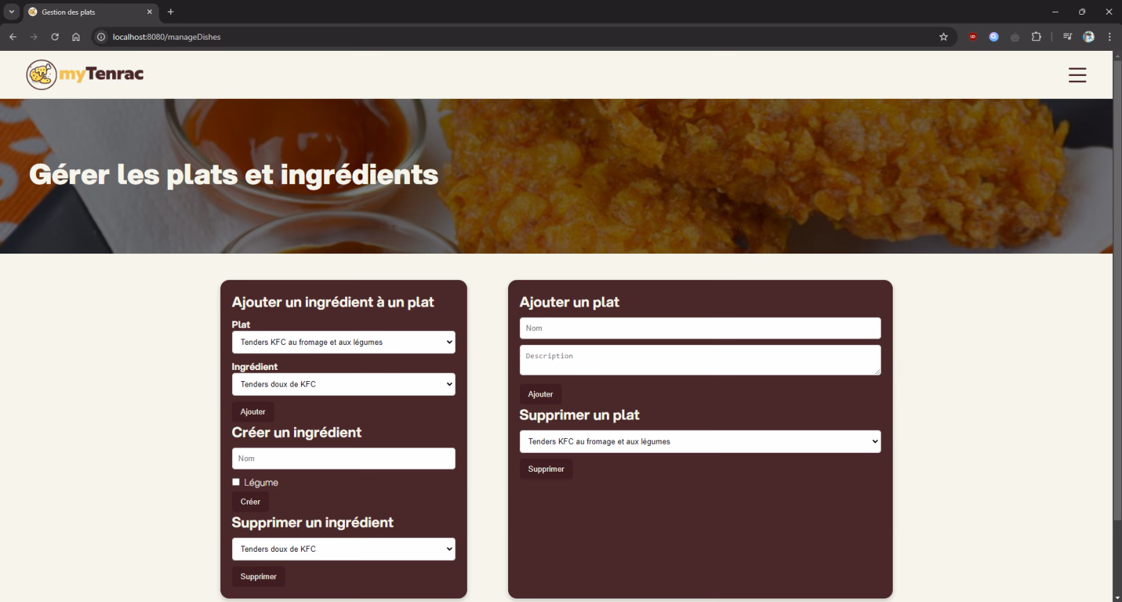 Page de gestion des plats et des ingrédients