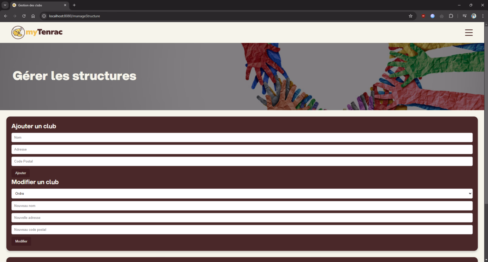 Page de gestion des structures