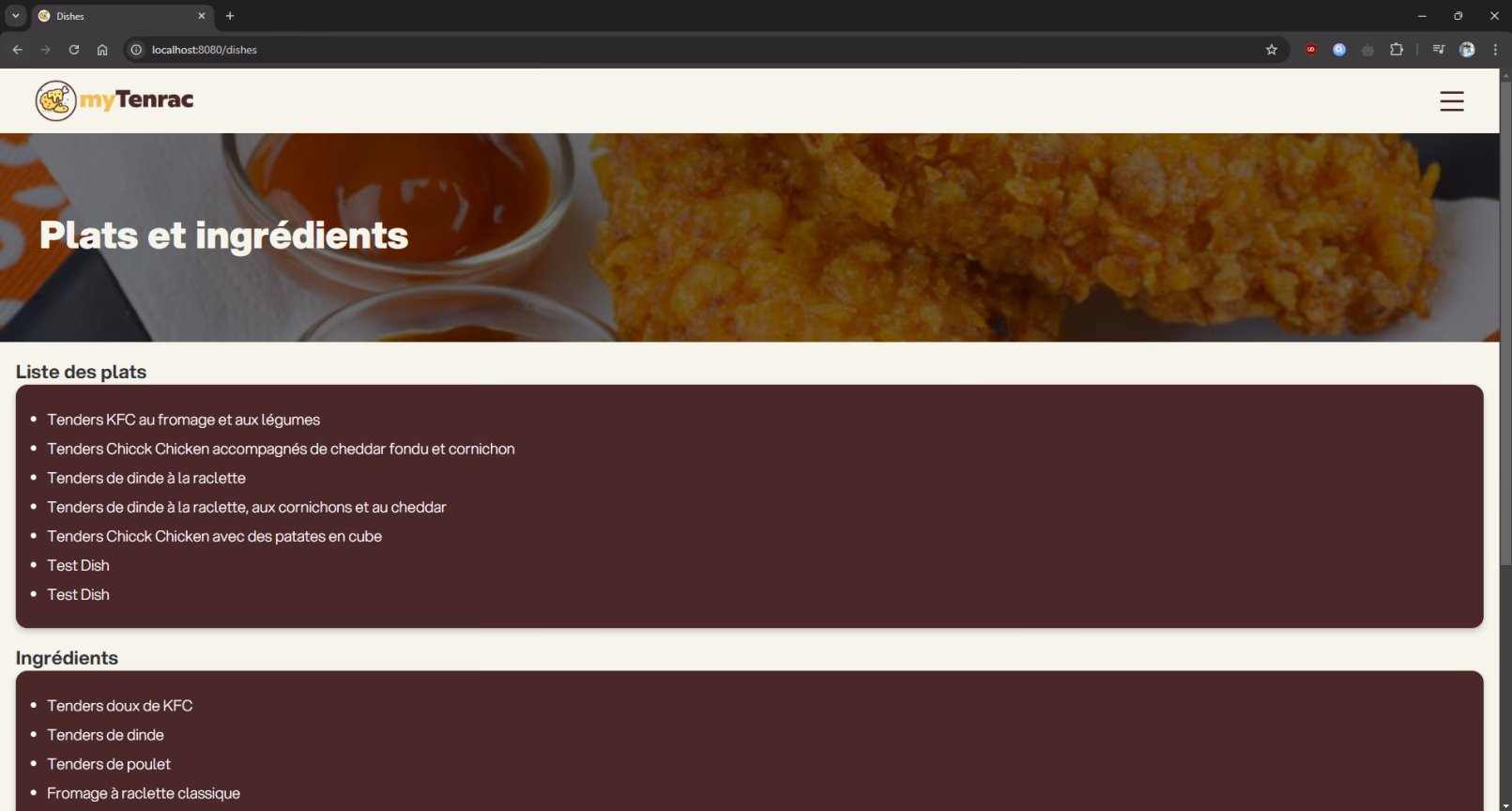 Page d'affichage des plats et des ingrédients